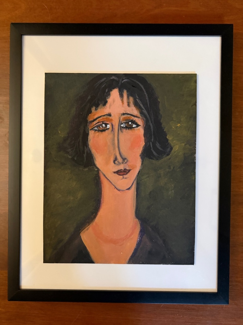 Hand-Painted Portrait in Green and Peach Tones inspired by Amedeo Modigliani. - Picture 4 of 5